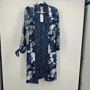 Chicos Womens Kimono Cardigan Size‎ 2 US L Boho Floral Blue White Moody Eclectic